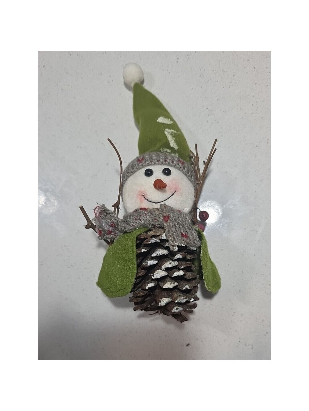 Holiday Pinecone Snowman Ornament - Green